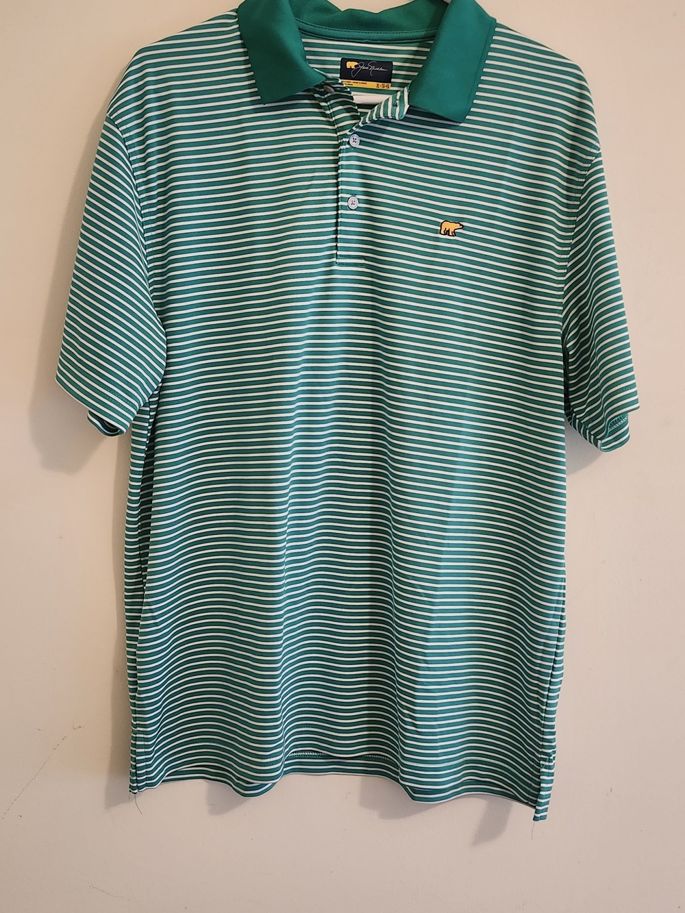 Jack Nicklaus Masters Golden Bear Green/ White Striped Golf Polo Contrast Collar